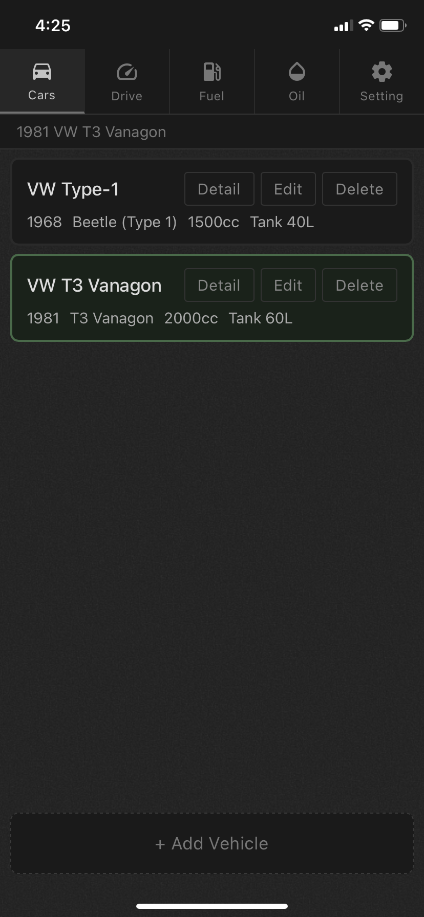 Vehicle list screen