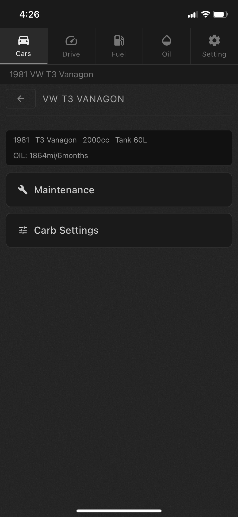 Vehicle detail screen with Maintenance / Tuning Records buttons