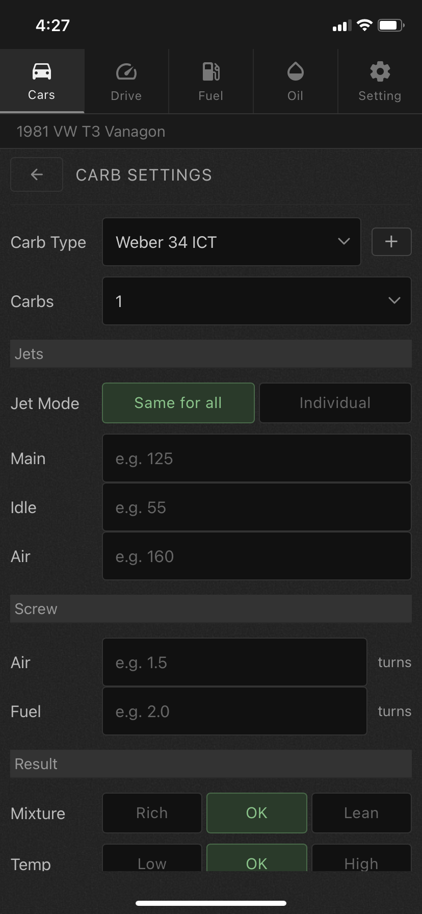 Tuning record form with carb settings