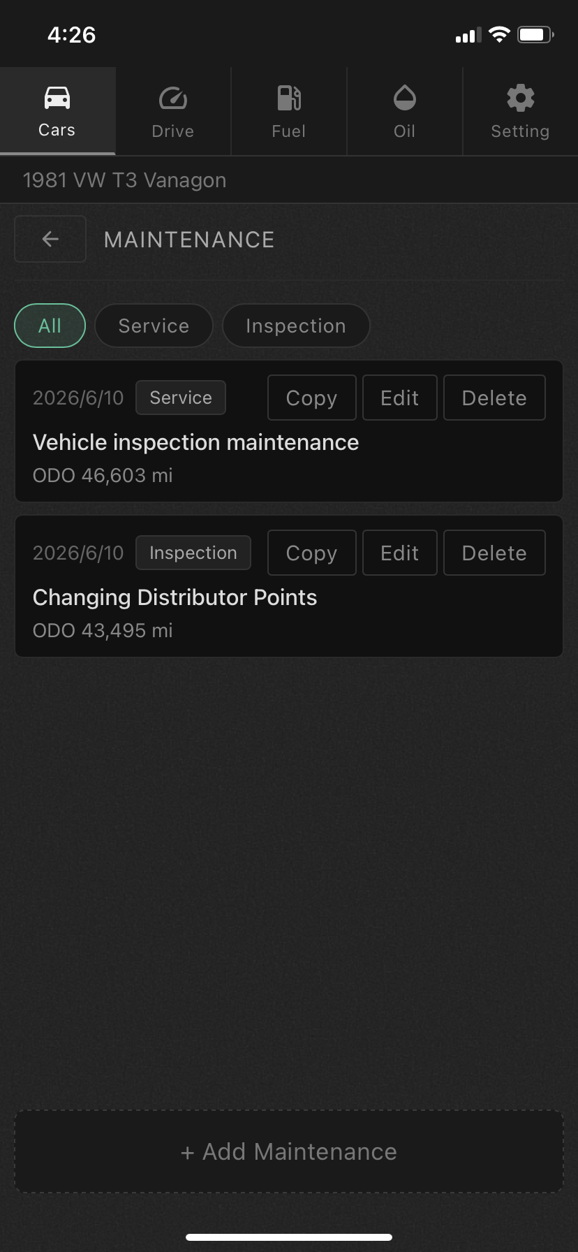 Maintenance list with category filter