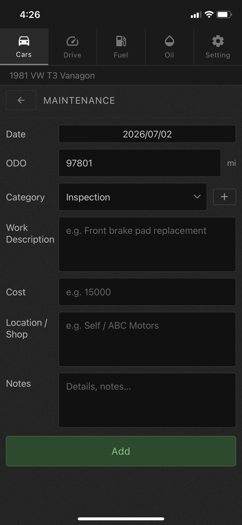 Maintenance form