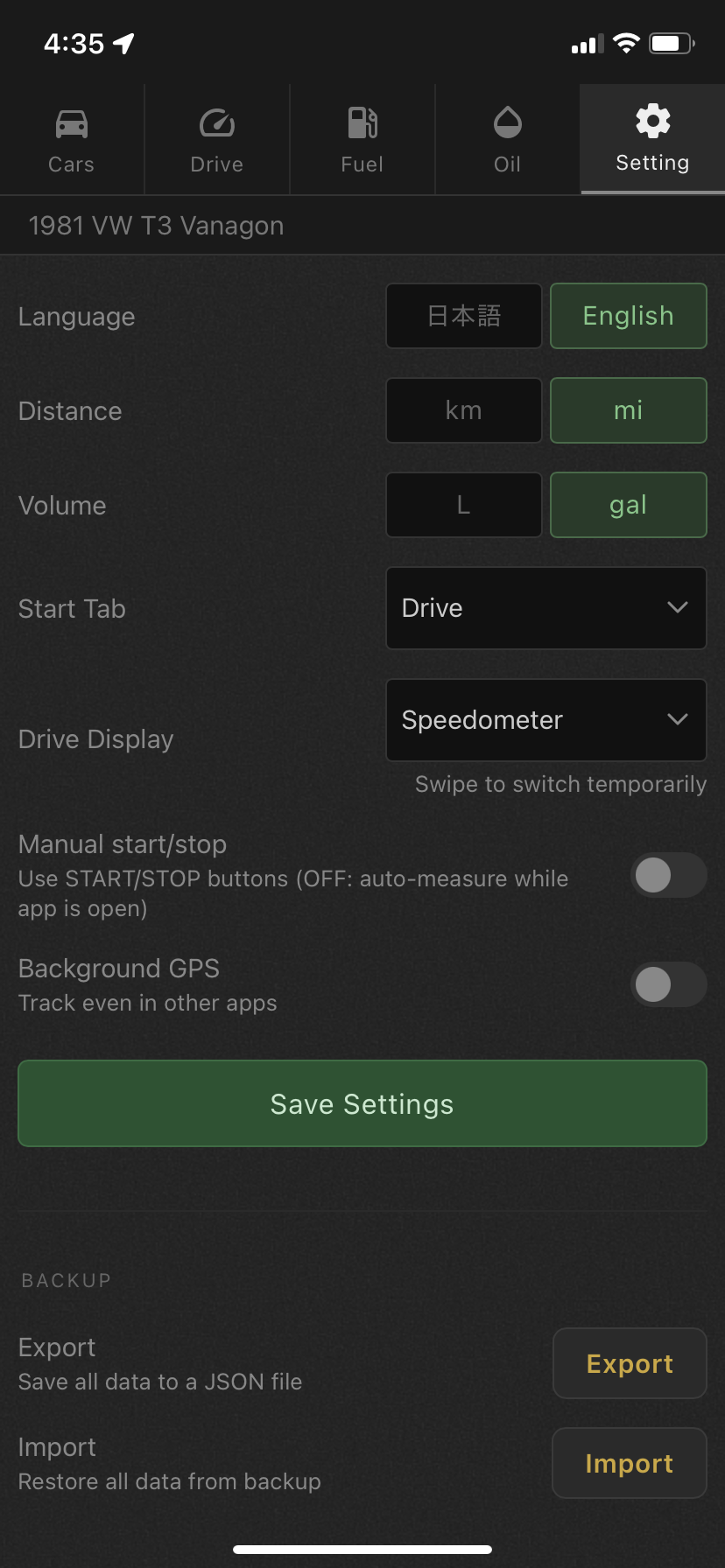 Backup (export/import) controls
